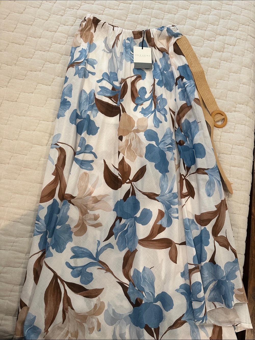 Women’s Blue & Brown Floral Maxi Skirt - Elastic Waist Summer Style